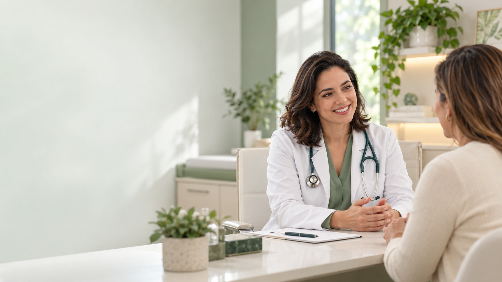 Médica sorrindo durante consulta com paciente
